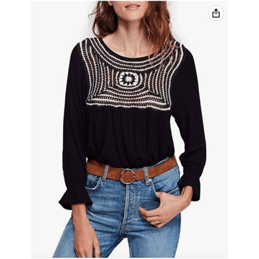 Free People Soul Mate Top Black white embroidery loose fit Womans size M
